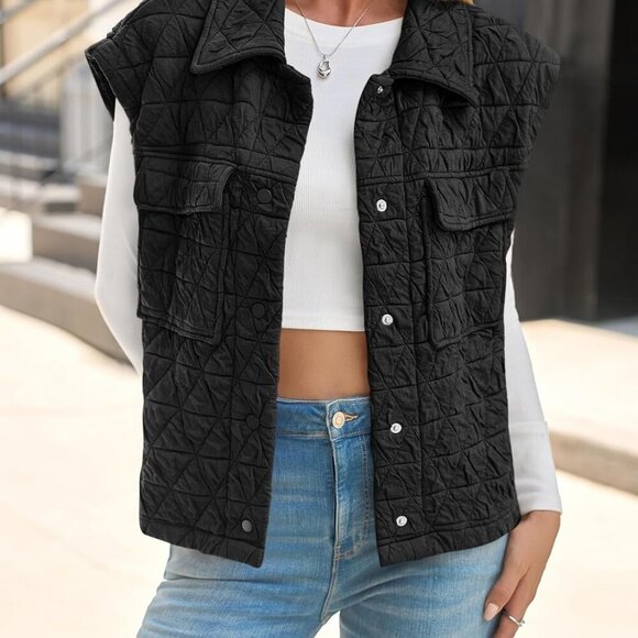 Womens Lightweight Quilted Vests Cargo Button Down Cropped Sleeveless Jackets Fa - Picture 3 of 7